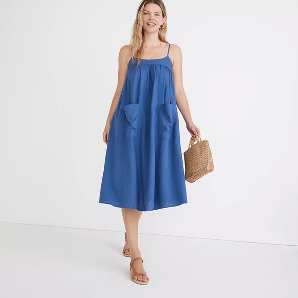 NWOT Madewell Blue Linen Midi Dress - Picture 2 of 5
